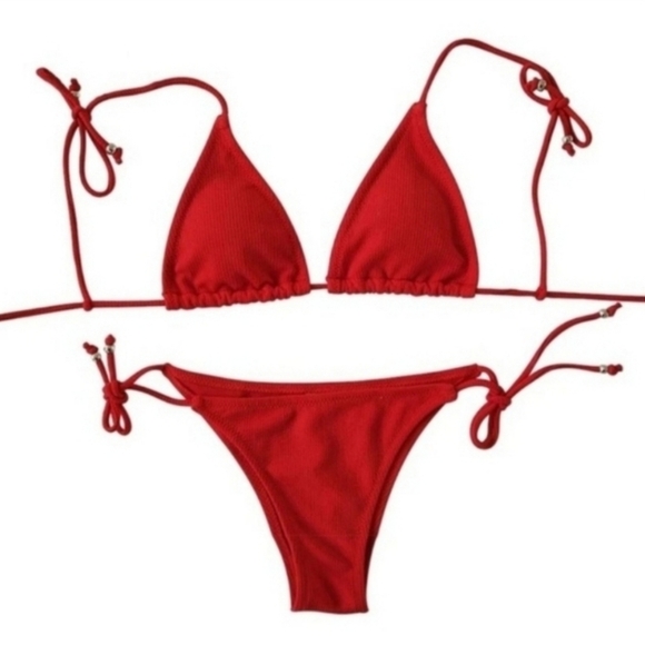 New Red Ribbed Tie Shoulder Tie Side Triangle Bikini Set Swimsuit Size M - Picture 5 of 5